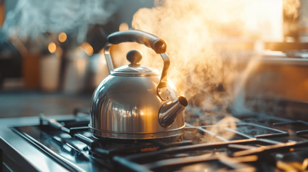 A silver kettle sits on a modern gas stove, releasing steam as water boils. This cozy kitchen scene captures the essence of home cooking and comfort.の素材