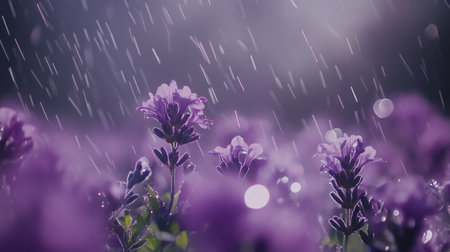 A serene view of lavender flowers under gentle rainfall, creating a peaceful atmosphere. Soft light accentuates the vivid purple blooms and glistening droplets.の素材