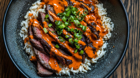 A vibrant beef bowl featuring tender slices of beef atop fluffy rice, drizzled with spicy sauce and topped with fresh green onions, ideal for food lovers.の素材