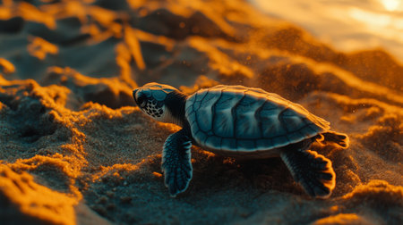 A baby turtle makes its way across the sandy beach at sunset, embodying the spirit of new beginnings and the beauty of marine life in nature.の素材