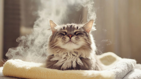 A fluffy cat basks in warm steam on a towel, embodying relaxation and comfort. Its peaceful expression highlights moments of tranquility in a cozy home environment.の素材