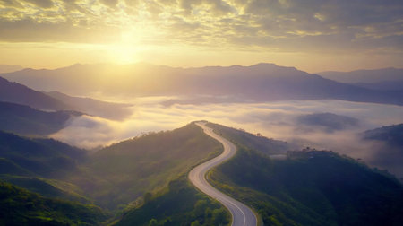 A breathtaking aerial view of a winding road through mountains at sunrise. Fog blankets the valley, creating a serene and tranquil atmosphere perfect for nature lovers.の素材