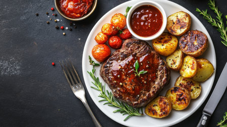 A beautifully arranged plate featuring grilled steak, roasted potatoes, and cherry tomatoes, served with savory sauce. Perfect for a gourmet dinner.の素材