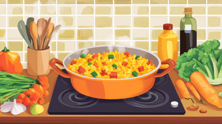 A vibrant kitchen scene with a colorful pot filled with fresh vegetables and steaming food. Perfect for culinary inspiration and healthy cooking themes.の素材