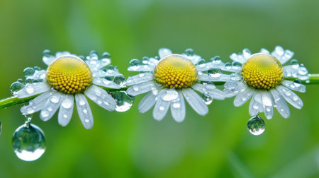 Captivating close-up of fresh daisies adorned with dew drops, showcasing nature's delicate beauty against a soft green backdrop, ideal for nature-themed projects.の素材