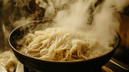 A close-up view of steaming noodles being cooked in a pan, creating a rich culinary scene. Thick clouds of steam rise, enhancing the atmosphere of a busy kitchen. Perfect for food blogs and culinary artworks.の素材
