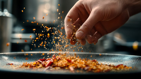 A close-up of a hand sprinkling vibrant spices over a pan, capturing the art of seasoning in a kitchen setting. This image highlights the beauty of culinary preparation.の素材