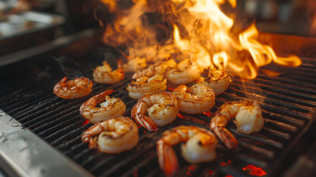Juicy shrimp sizzling over flames in a professional kitchen. The vibrant colors and rich aromas make this seafood dish a delightful treat for any occasion.の素材
