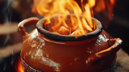 A traditional clay pot filled with simmering food, surrounded by vibrant flames. The rustic setting showcases the warmth and rich flavors of heritage cooking.の素材