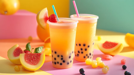 Two vibrant fruit drinks with bubbles sit on a colorful backdrop. Fresh fruits and toppings enhance the refreshing appeal, perfect for summer enjoyment.の素材