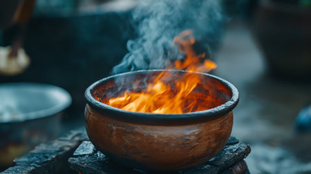 A clay cooking pot filled with vibrant flames and smoke, highlighting the rustic charm of outdoor cooking. This image captures the essence of warmth and tradition in food preparation.の素材