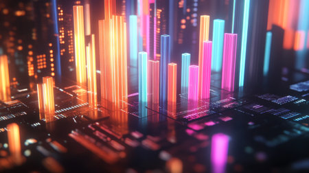 Explore a colorful digital landscape with vibrant bars and glowing elements, perfect for illustrating technology, data analytics, and futuristic concepts.の素材