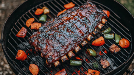 A succulent rack of barbecue ribs sizzling on a grill, surrounded by vibrant vegetables. Perfect for summer gatherings, this dish showcases rich flavors and a smoky aroma.の素材