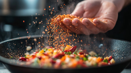 A close-up of a hand sprinkling spices over a colorful stir-fry in a sizzling pan. This image captures the essence of vibrant cooking and flavorful meals.の素材
