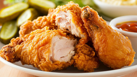 Indulge in this mouthwatering crispy fried chicken served with pickles and dipping sauce, perfect for gatherings, picnics, or a casual meal.の素材