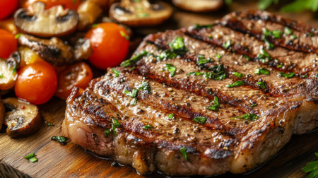 A beautifully grilled steak garnished with fresh herbs, served with vibrant vegetables including tomatoes and mushrooms on a rustic wooden platter.の素材