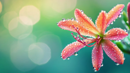 A beautiful close-up of a fresh pink flower adorned with dew drops, creating a stunning visual effect. Ideal for nature and beauty themes.の素材