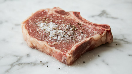 A fresh raw steak seasoned with salt and pepper sits elegantly on a marble surface, perfect for culinary enthusiasts wanting to create a delicious meal.の素材