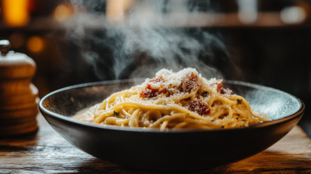 A steaming bowl of delicious pasta, garnished with cheese and herbs. Perfect for food lovers, this gourmet dish showcases comfort and flavor.の素材