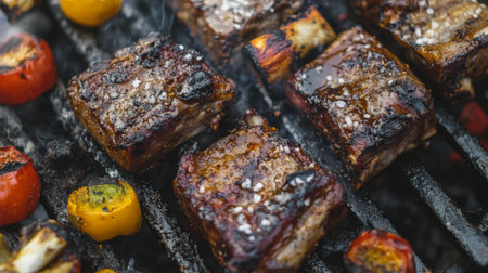 Juicy meat and colorful vegetables cooking on a barbecue grill create a delicious and smoky outdoor dining experience perfect for summer gatherings.の素材