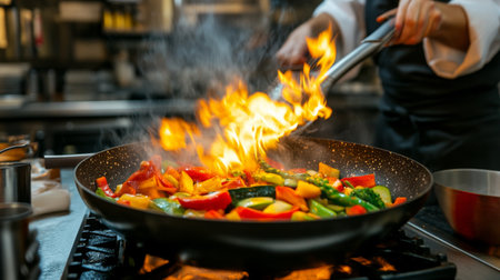 A dynamic kitchen scene featuring a chef skillfully stirring fresh vegetables in a pan over a roaring flame, creating an exciting cooking experience.の素材