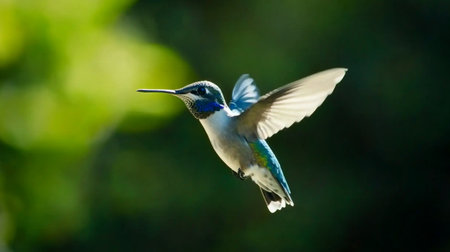 A stunning image of a vibrant hummingbird in mid-flight against a soft green background, showcasing its delicate wings and colorful plumage. Perfect for nature enthusiasts.の素材