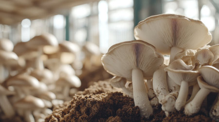 Close-up view of fresh mushrooms growing in their natural environment, showcasing the beauty of nature and the process of growth in a vibrant ecosystem.の素材