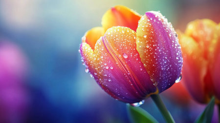 A beautiful close-up of a vibrant tulip adorned with dew drops, showcasing its rich colors and delicate petals. Ideal for spring-themed projects.の素材