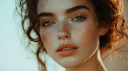 Stunning portrait of a young woman with captivating features. Her natural beauty shines through soft lighting, highlighting her expressive eyes and gentle smile.の素材