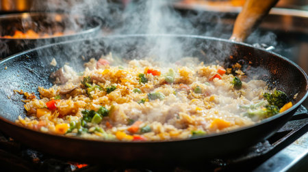 A vibrant stir-fry cooking in a sizzling pan with fresh vegetables and steam rising, showcasing the art of culinary preparation in a bustling kitchen environment.の素材