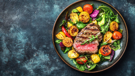 A beautifully arranged plate featuring grilled steak accompanied by colorful vegetables and fresh salad. Perfect for gourmet dining.の素材