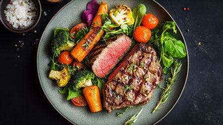 A beautifully arranged plate featuring grilled steak accompanied by a vibrant mix of fresh vegetables. Perfect for showcasing healthy and delicious meals.の素材
