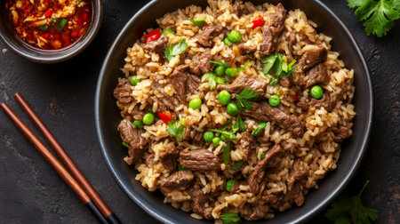 A tempting dish of beef fried rice filled with fresh vegetables, garnished with herbs, and served with a flavorful sauce. Perfect for a hearty meal.の素材