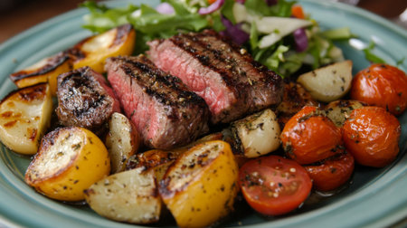 A beautifully presented plate featuring grilled steak alongside colorful roasted vegetables and a fresh salad, perfect for a gourmet meal or dinner gathering.の素材