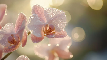 A stunning close-up of a pink orchid adorned with glistening water droplets, captured in soft light. This image radiates elegance and serenity, perfect for nature themes.の素材