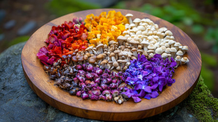 A stunning display of colorful edible mushrooms arranged artistically on a wooden plate, showcasing nature's beauty in a vibrant, fresh way for culinary inspiration.の素材