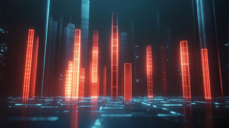 A stunning abstract digital landscape featuring tall red light structures against a dark background, creating a futuristic and immersive visual experience.の素材
