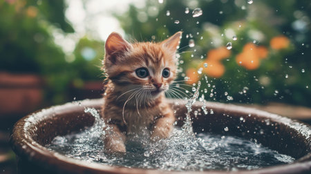 A charming kitten playfully splashes in water, surrounded by a lush garden. The scene captures the innocence and joy of youthful exploration in nature.の素材