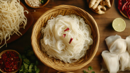 A top-down view of fresh rice noodles in a rustic basket, surrounded by vibrant ingredients like chili, ginger, and lime, perfect for cooking enthusiasts.の素材