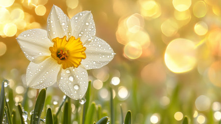 A beautiful white flower with yellow center glistens with dew drops, set against a soft, blurred golden background, evoking a fresh and serene spring atmosphere.の素材