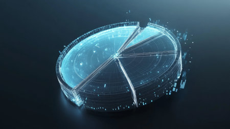 A striking futuristic digital pie chart illustration, showcasing advanced data visualization technology in a sleek design. Ideal for business and analysis concepts.の素材