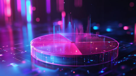 Vibrant digital pie chart surrounded by glowing bars, showcasing data analysis. Ideal for technology, finance, or marketing presentations.の素材