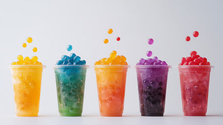 A vibrant display of colorful beverage cups filled with bouncing bubbles, perfect for a refreshing summer treat. Ideal for food and drink promotion.の素材