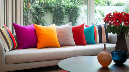 A stylish living space featuring a modern sofa adorned with colorful cushions and a vibrant flower arrangement, creating a cozy and inviting atmosphere.の素材
