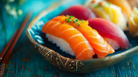 A vibrant sushi platter showcasing an assortment of fresh fish, including salmon and tuna, beautifully arranged on a decorative plate, perfect for culinary art.の素材