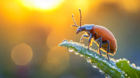 A vibrant orange beetle perched on a dewy leaf glistens in the early morning sunlight, showcasing intricate details and colors in nature.の素材