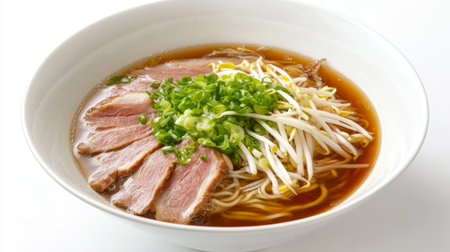 A mouthwatering bowl of noodle soup featuring tender meat, fresh green onions, and bean sprouts, perfect for a comforting meal at any time.の素材