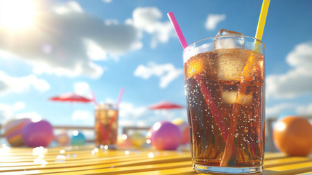 A vibrant drink served in a glass with ice, adorned with colorful straws, set against a sunny background. Perfect for summer vibes and relaxation.の素材