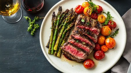 A beautifully plated meal featuring grilled steak, fresh asparagus, and vibrant cherry tomatoes, perfect for a summer dinner gathering or special occasion.の素材
