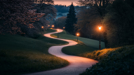 A winding pathway illuminated by warm street lamps in a tranquil evening scene. The lush trees and serene atmosphere invite peaceful walks and relaxation.の素材